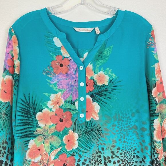 Soft Surroundings Sheer Popover Blouse Size PS Green Floral Animal Tropical - Picture 2 of 8